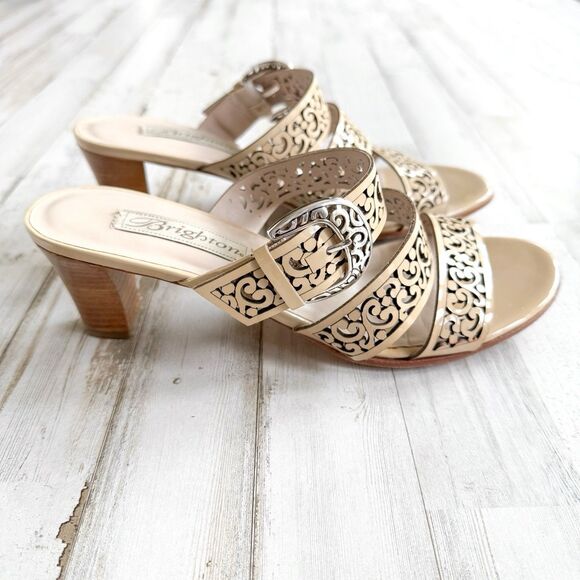 BRIGHTON Tinsel Leather Strappy High Heel Open Toe Beige Sandals Womens Size 7.5 - Picture 3 of 16